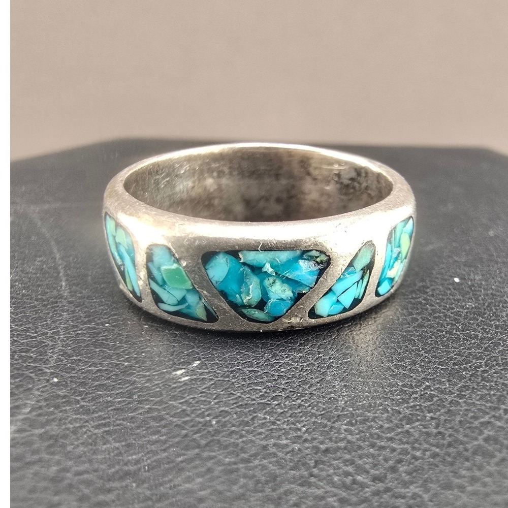 Vintage Estate Ring Signed Sterling Silver Turquoise Chip Inlay Band 7.25